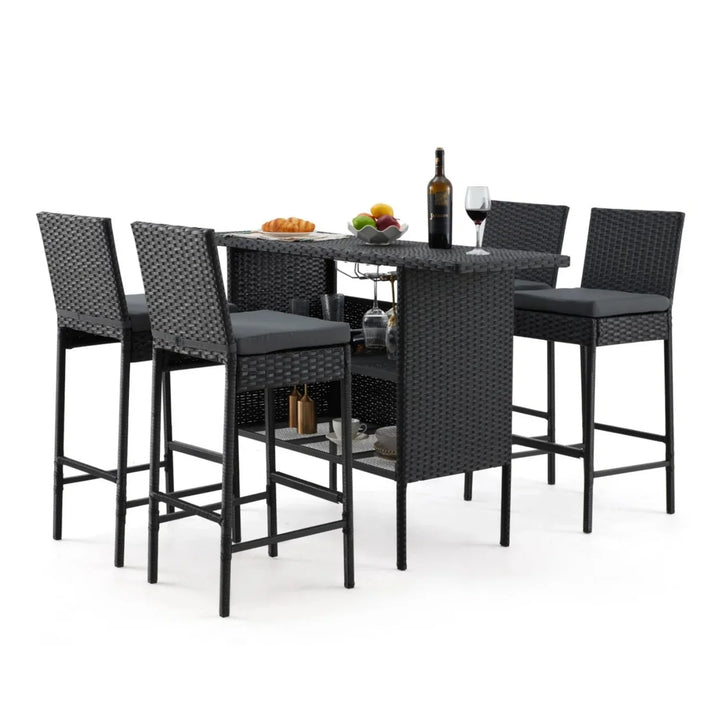 Yvette 5-Piece Outdoor Rattan Wicker Bar Set with Wicker Top Table