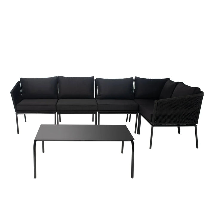 Rasha Outdoor Black Rope L-Shape All Weather Sectional Sofa Set