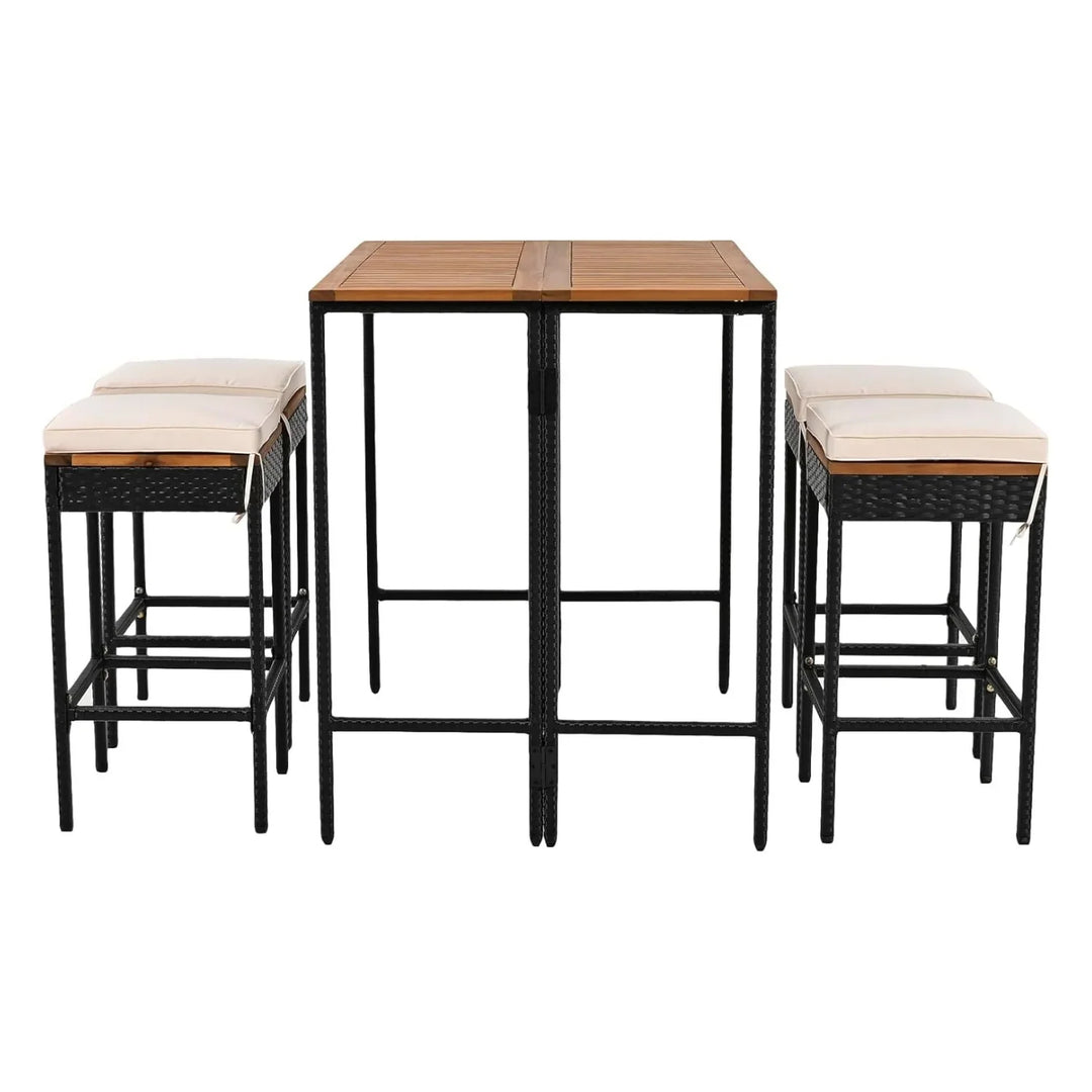 Mirabelle 5-Piece Outdoor Rattan Wicker Bar Set with Wooden Top Table