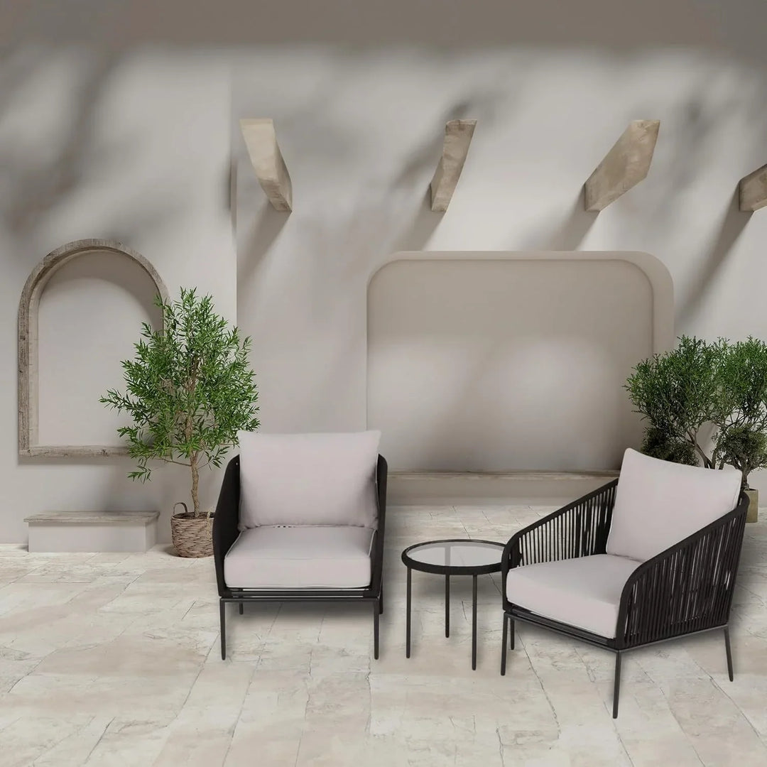 Safiya 3 Piece Outdoor Rope Bistro Set (Black & White)