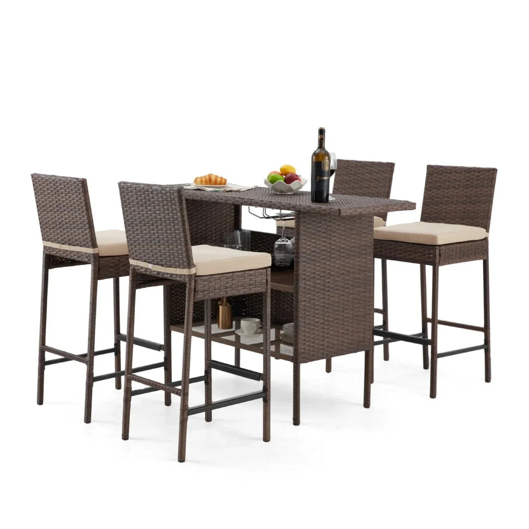 Sayaka 5-Piece Outdoor Rattan Wicker Bar Set with Wicker Top Table