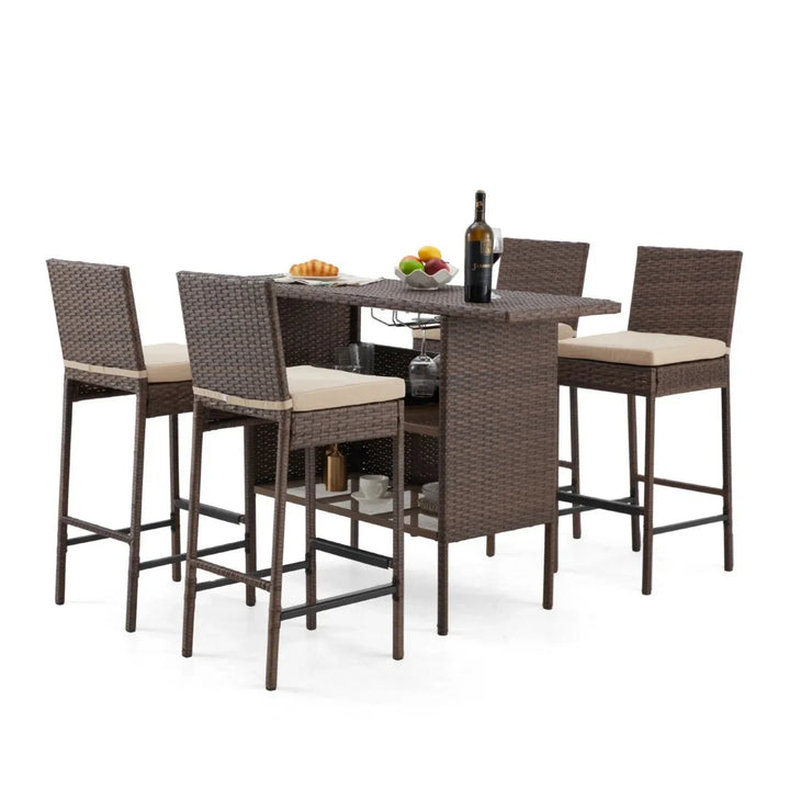 Sayaka 5-Piece Outdoor Rattan Wicker Bar Set with Wicker Top Table