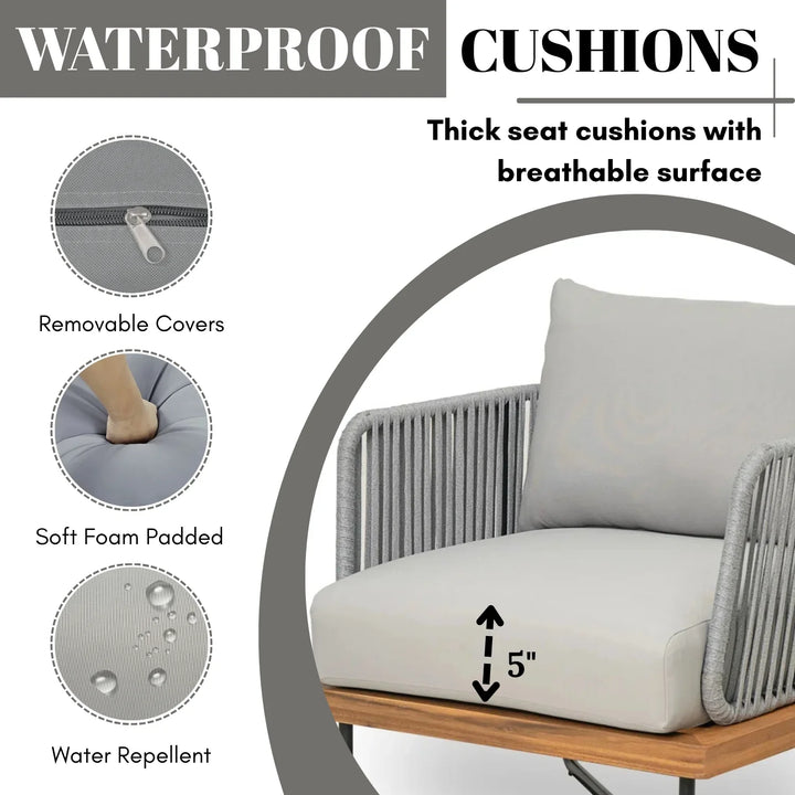 Uma Outdoor 4-Piece Rope Woven Conversation Sofa Set with Wooden Top Table