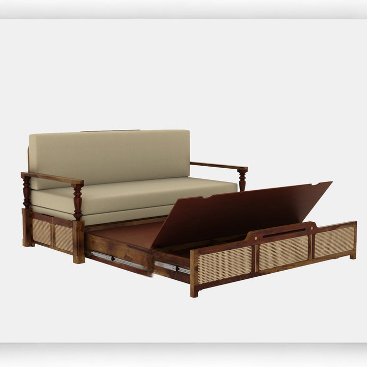 Daan Sheesham Wood 3 Seater Sofa Cum Bed with Cane Weaving & Premium Upholstery