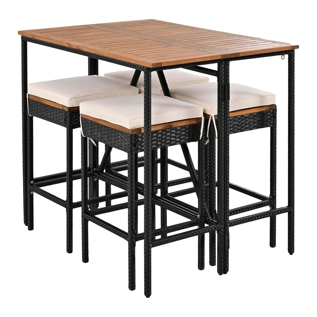 Mirabelle 5-Piece Outdoor Rattan Wicker Bar Set with Wooden Top Table