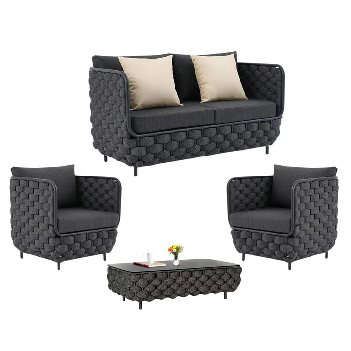 Camila 4 Piece Outdoor Rope Sofa Set with Glass Top Coffee Table (Black)