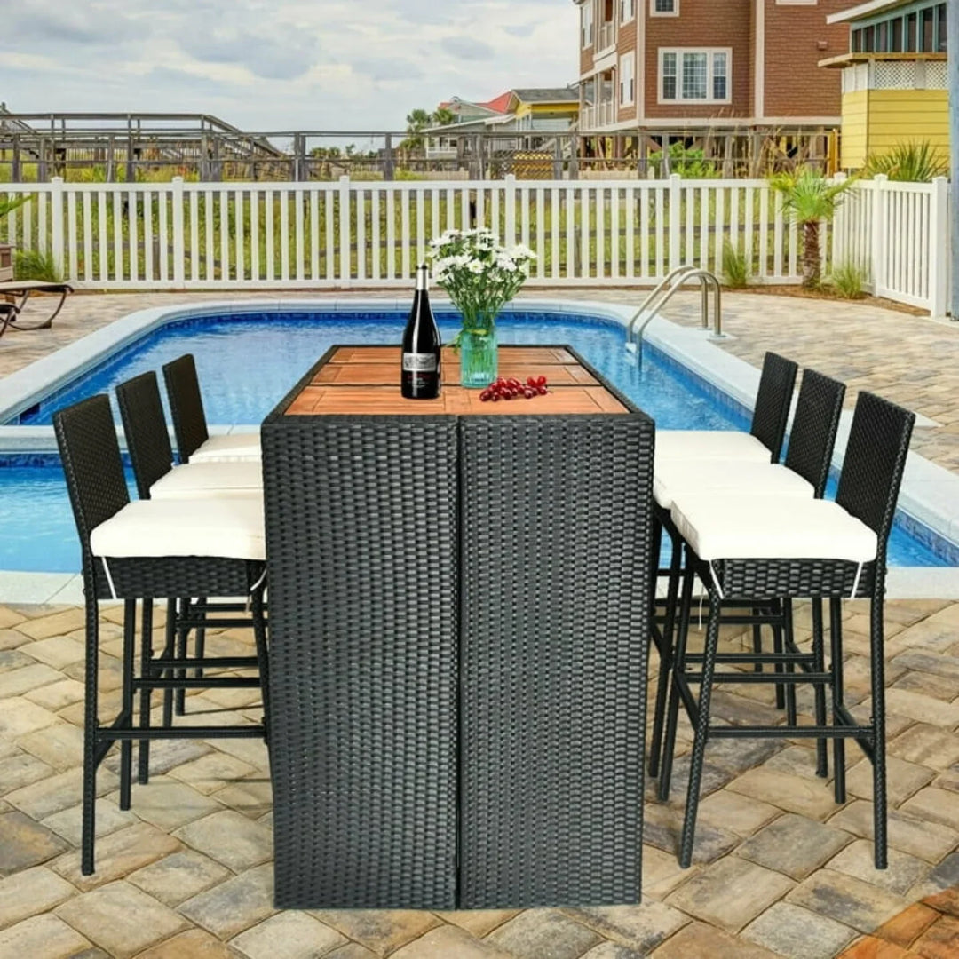 Lyra 7-Piece Outdoor Rattan Wicker Bar Set with Wooden Top Table
