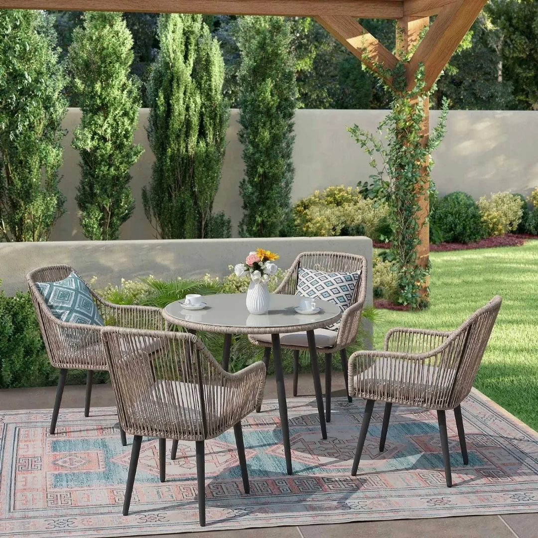 Zoya 5-Piece Outdoor Rope Patio Dining Set With Glass Top Table