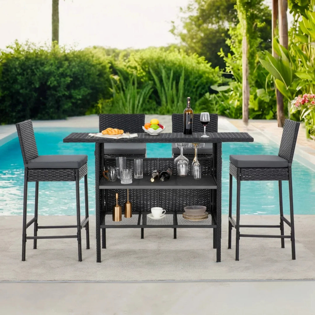Yvette 5-Piece Outdoor Rattan Wicker Bar Set with Wicker Top Table