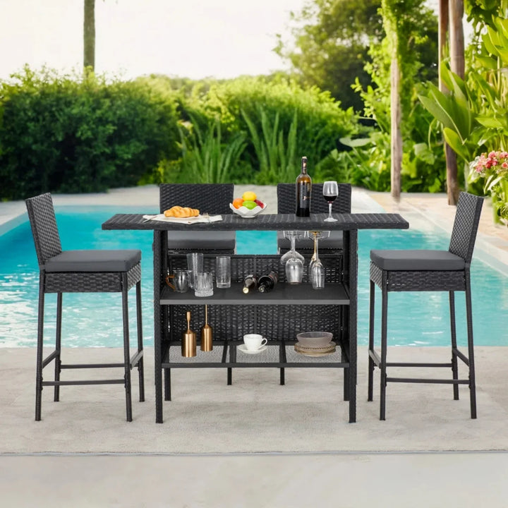 Yvette 5-Piece Outdoor Rattan Wicker Bar Set with Wicker Top Table