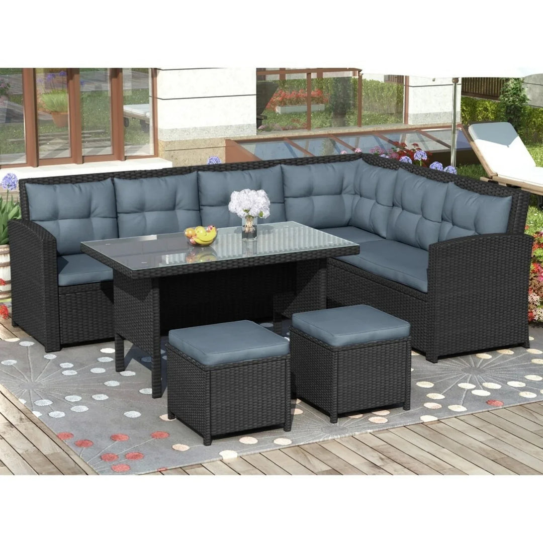 Zuzanna 5-Piece Wicker Patio Conversation Set (Dark Brown/ Cyan Blue)