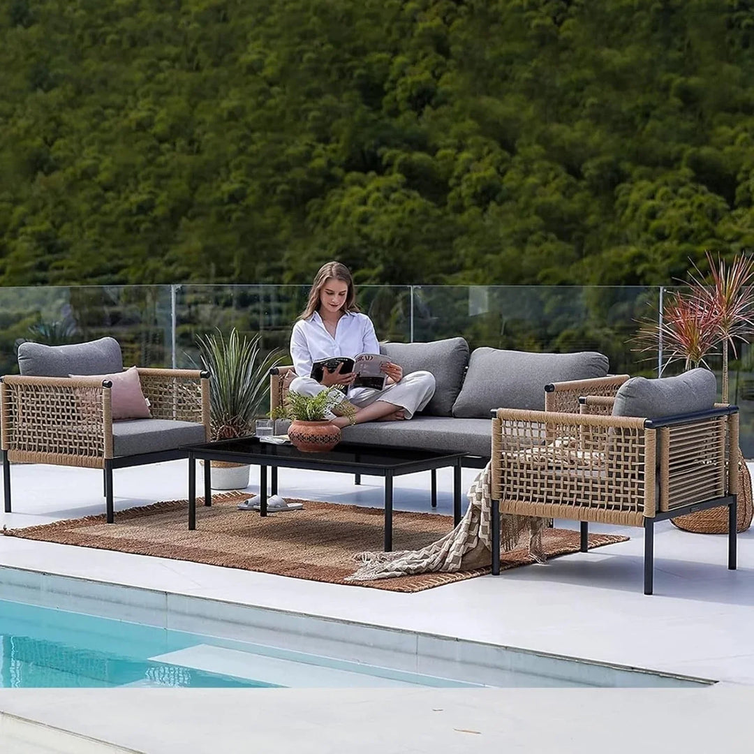 Kaia Outdoor Rope 4 Piece Sofa Set (Beige & Grey)