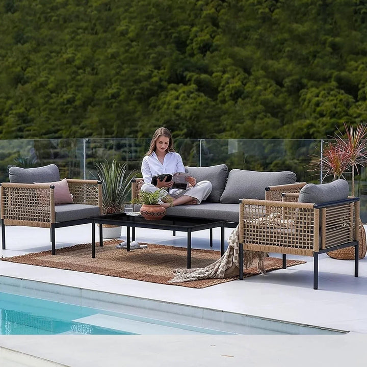 Kaia Outdoor Rope 4 Piece Sofa Set (Beige & Grey)