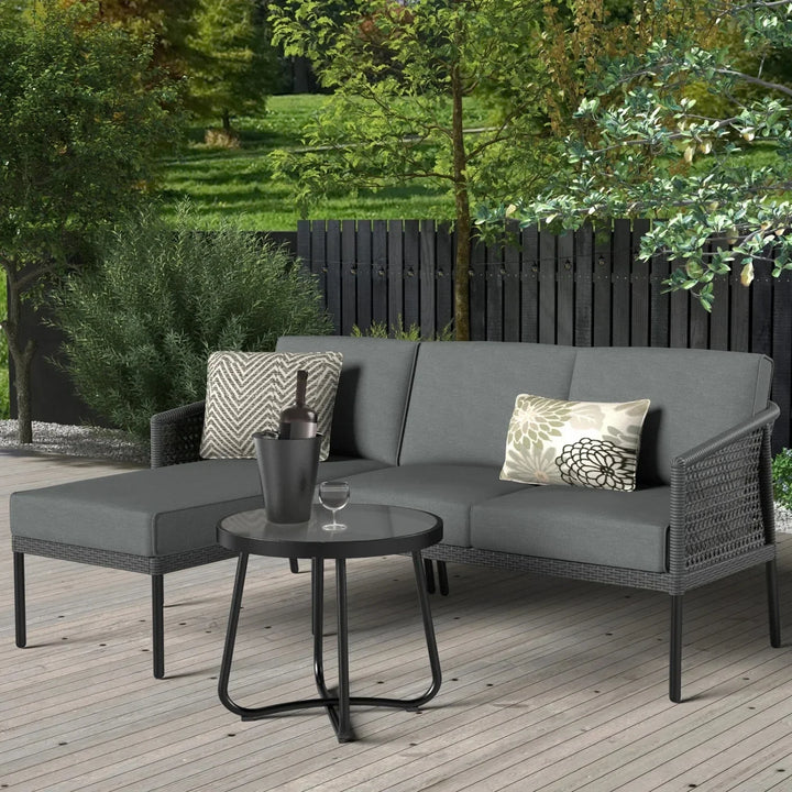 Rowan L-Shaped Patio Conversation Sofa Set with Thick Cushions & Side Table (Grey)