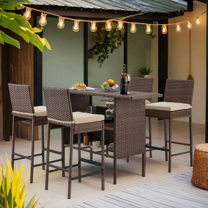 Sayaka 5-Piece Outdoor Rattan Wicker Bar Set with Wicker Top Table