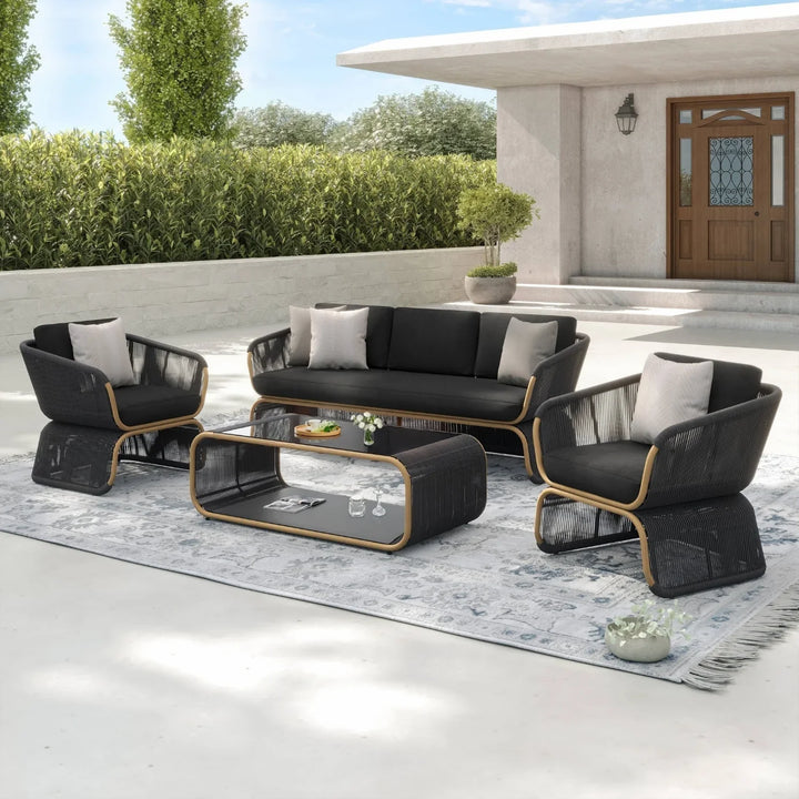 Taima Outdoor Braided Rope Sofa Set With 2-Tier Glass Top Table