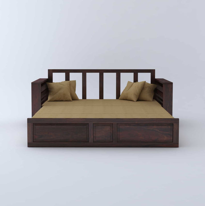 Catalina Solid Sheesham Wood 3 Seater Sofa Cum Bed Walnut with Side Pockets