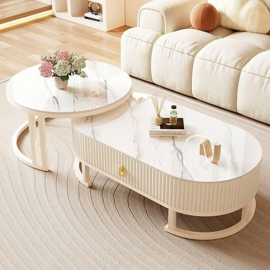 Tanishka White Stainless Steel Frame and Marble Top Coffee Table for Living Room