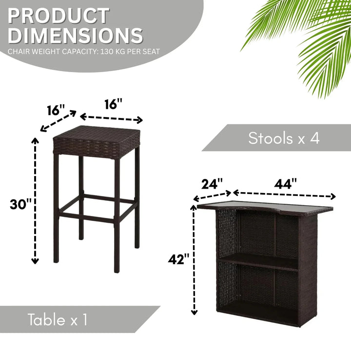Outdoor Wicker 5-Piece Bar Set with Glass Top Table