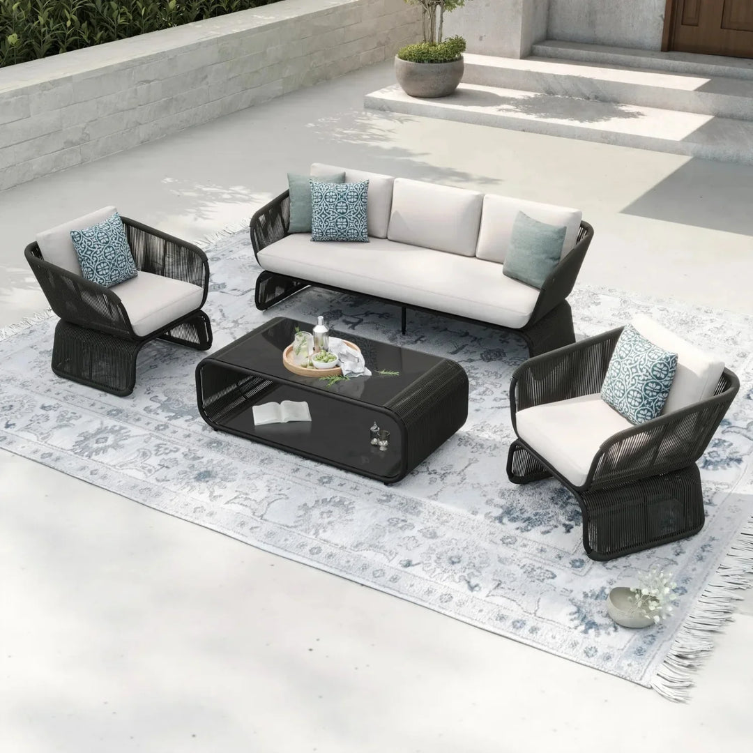 Zainab Outdoor Braided Rope Sofa Set With 2-Tier Glass Top Table