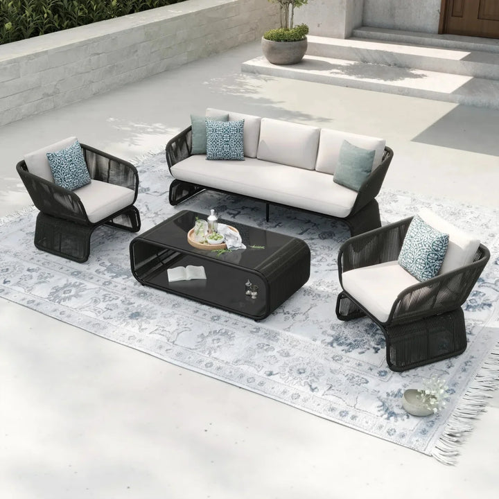 Zainab Outdoor Braided Rope Sofa Set With 2-Tier Glass Top Table