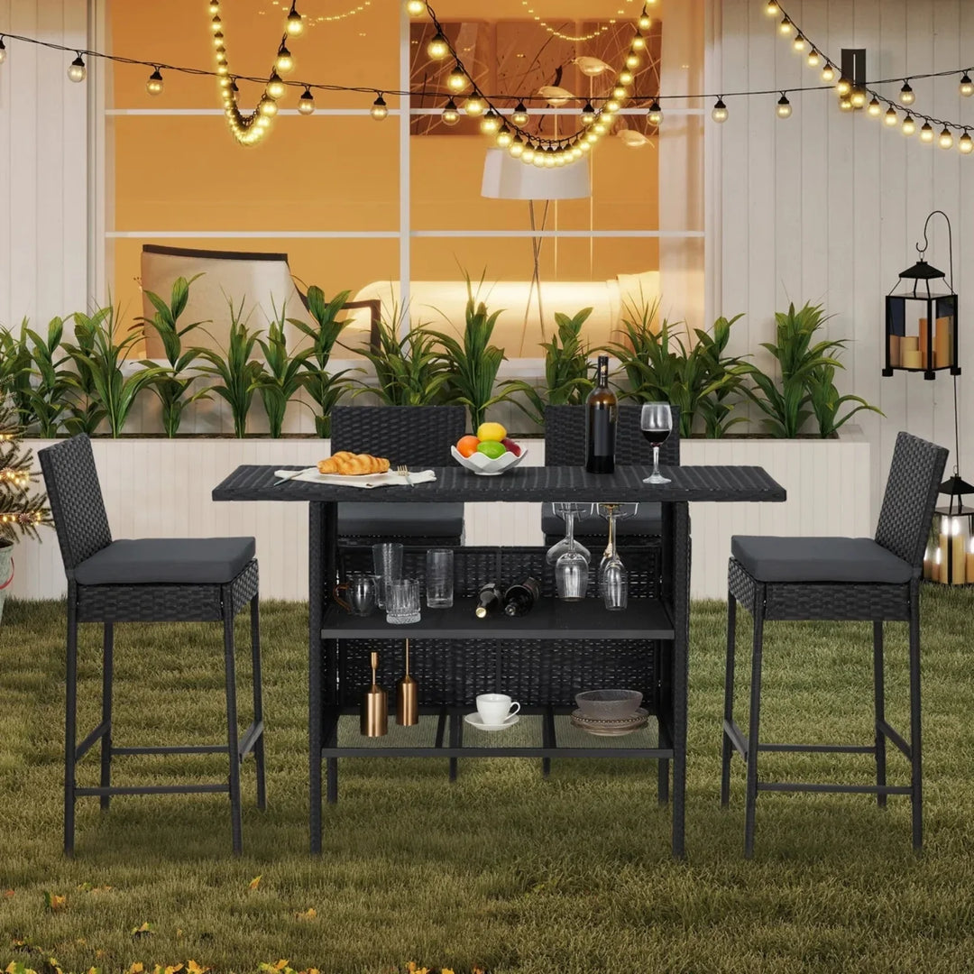 Yvette 5-Piece Outdoor Rattan Wicker Bar Set with Wicker Top Table