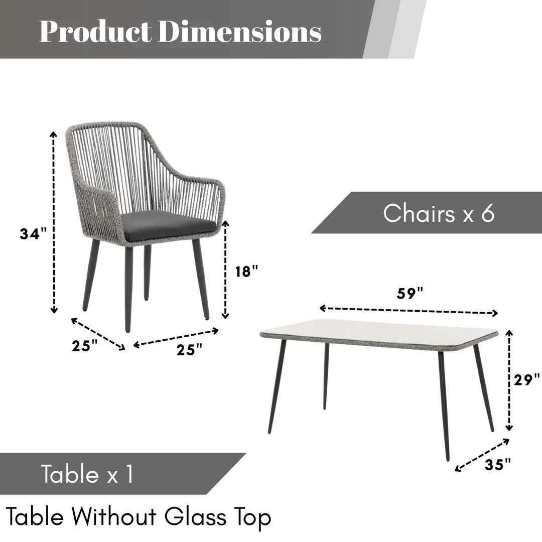 Lopa 7-Piece Outdoor Patio Dining Set with Rope Chairs & Glass Top Table