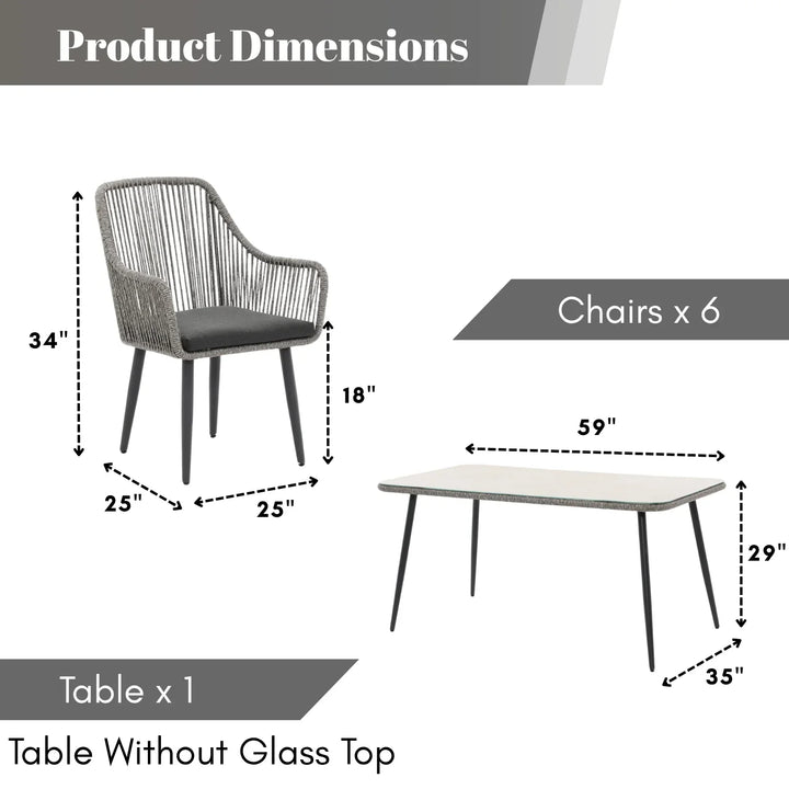 Lopa 7-Piece Outdoor Patio Dining Set with Rope Chairs & Glass Top Table