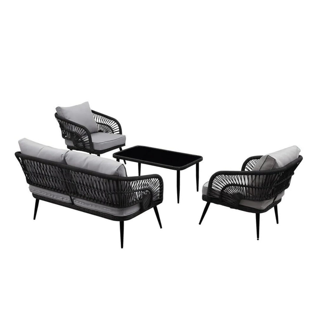Presley Outdoor Rope 4-Piece Patio Sofa Set with Glass Top Table (Black/Light Grey)