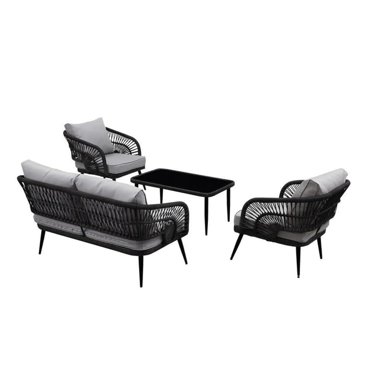 Presley Outdoor Rope 4-Piece Patio Sofa Set with Glass Top Table (Black/Light Grey)