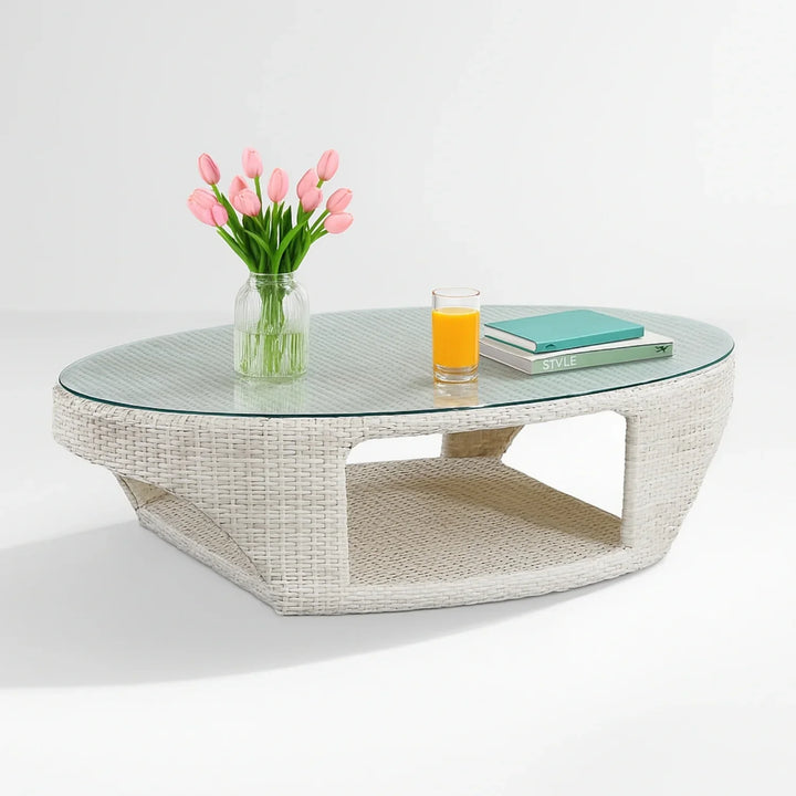 Outdoor White Rattan Wicker Sofa Chairs With Glass Top Table