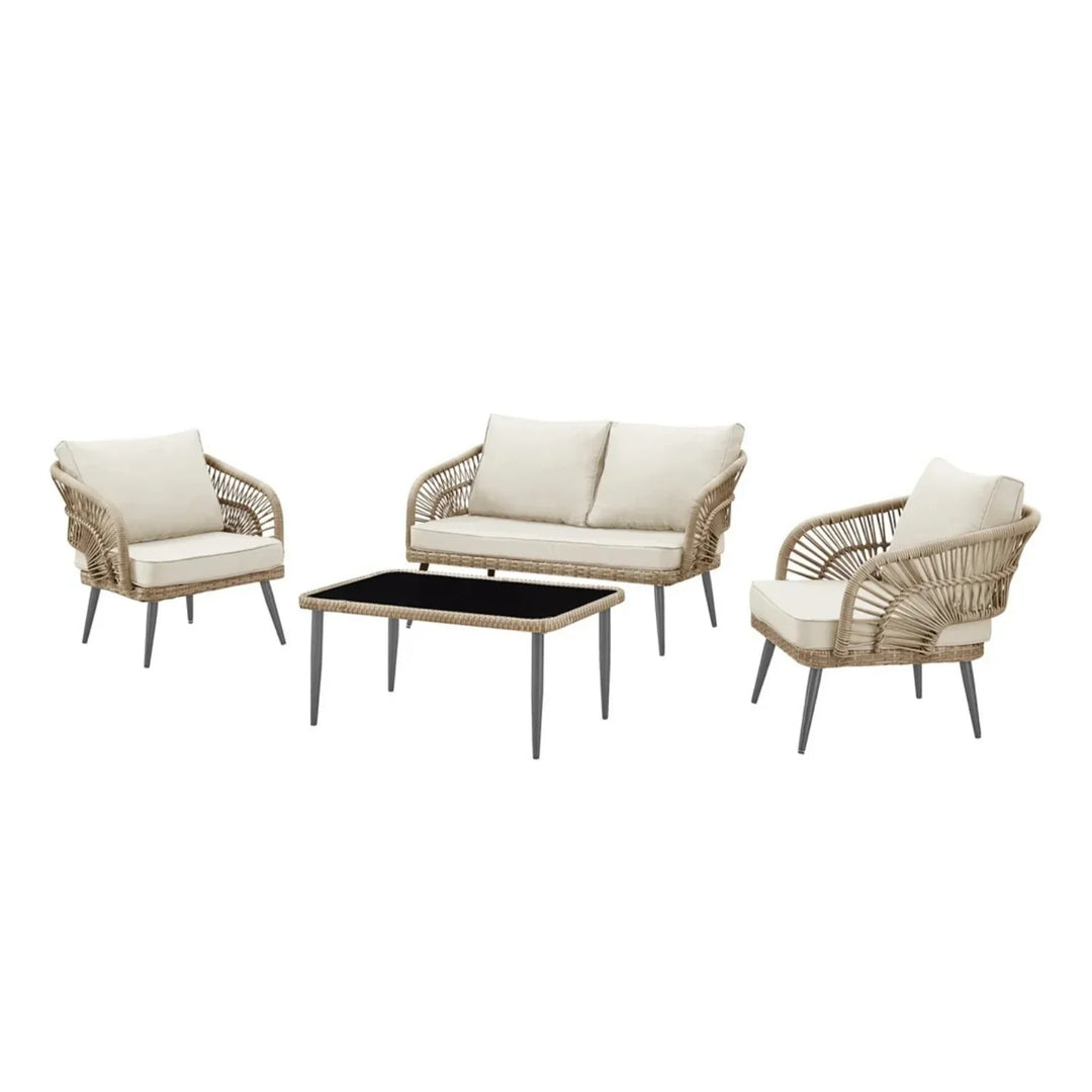 Navy Outdoor Rope 4-Piece Patio Sofa Set with Glass Top Table (Beige/Cream)