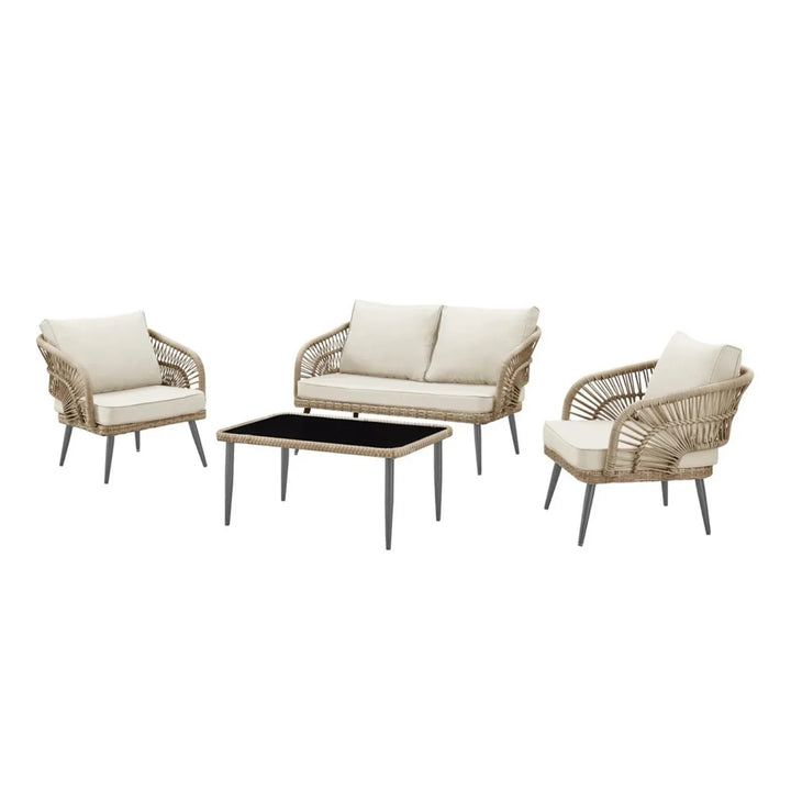 Navy Outdoor Rope 4-Piece Patio Sofa Set with Glass Top Table (Beige/Cream)