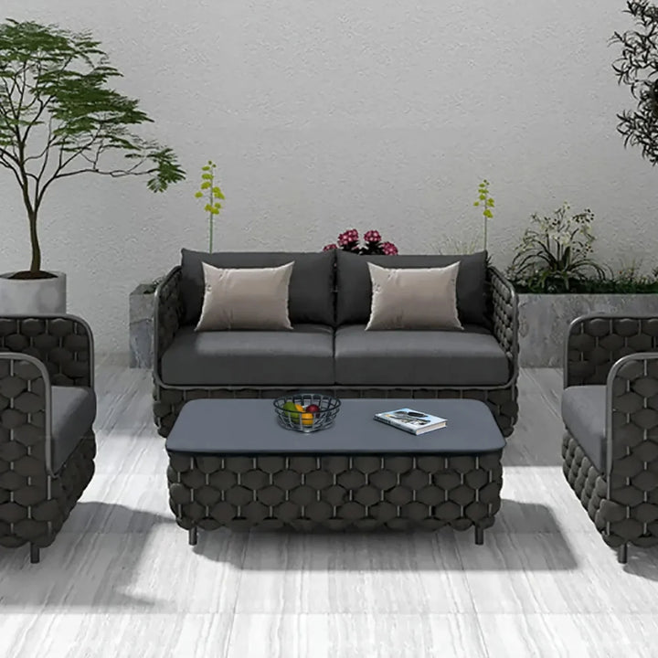 Camila 4 Piece Outdoor Rope Sofa Set with Glass Top Coffee Table (Black)