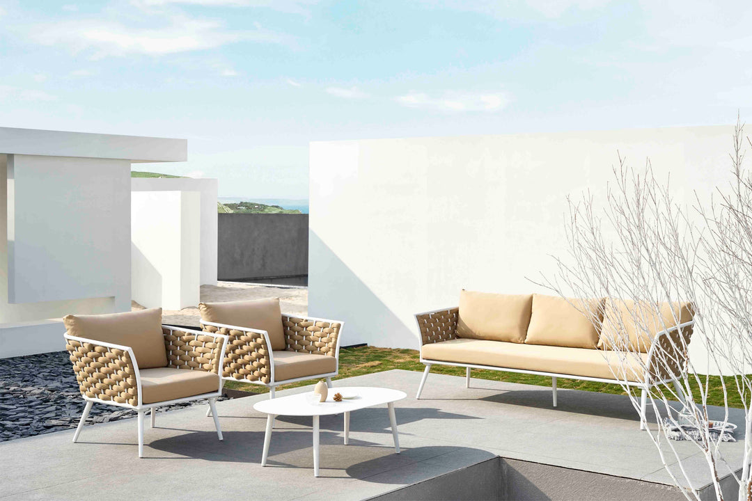 Crasio Outdoor Garden Balcony Sofa Set 3 Seater, 2 Single seater and 1 Center Table Set, Braid & Rope (White + Tan)