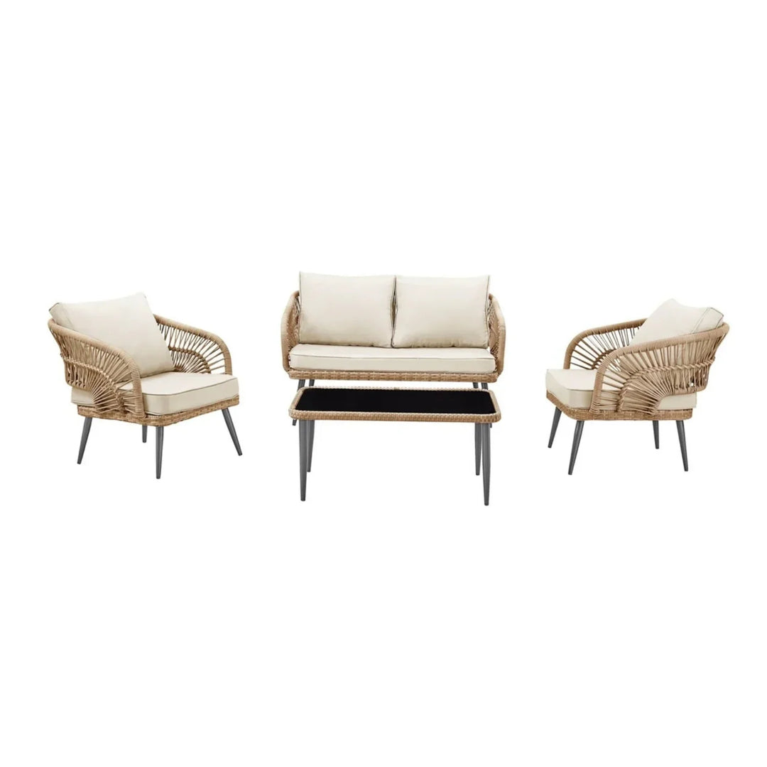 Navy Outdoor Rope 4-Piece Patio Sofa Set with Glass Top Table (Beige/Cream)