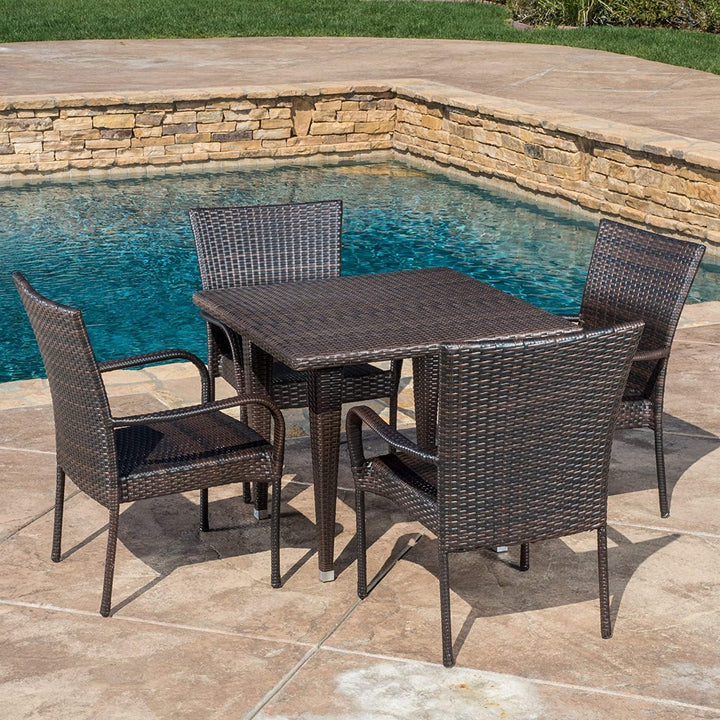 Elham Outdoor All-Weather Resistant Rattan Wicker 5-Piece Dining Set (Dark Brown)