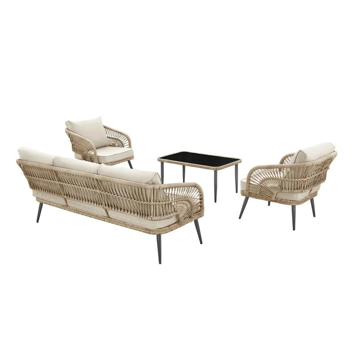 Juno Outdoor Rope Conversation Patio Sofa Set (Beige/Cream)