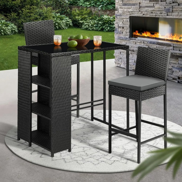 Coraline 3-Piece Outdoor Rattan Wicker Bar Set with Glass Top Table