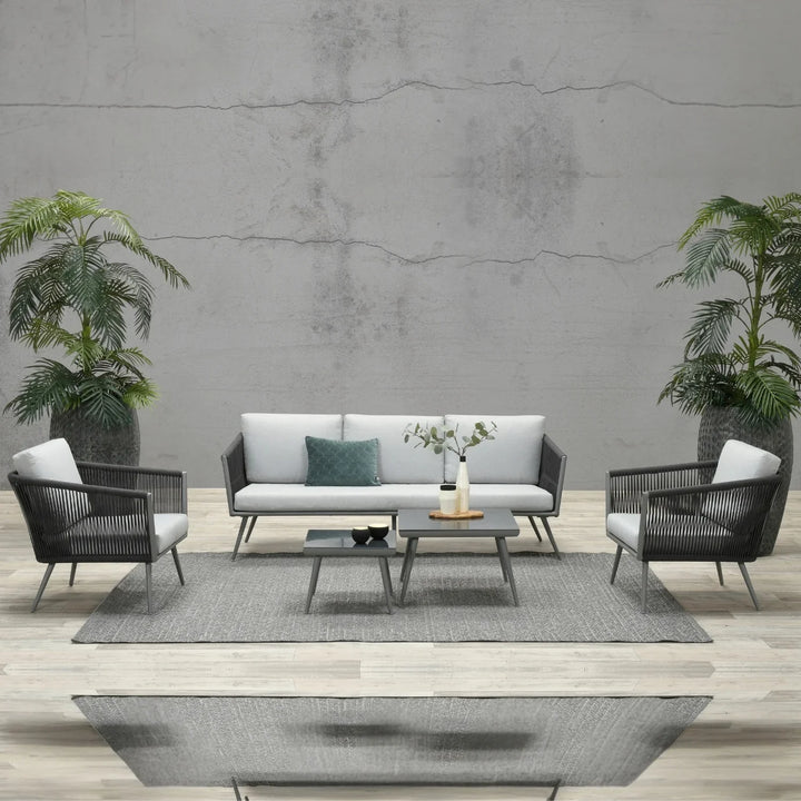 Teresa 5-Seater Outdoor Rope Patio Sofa Set with Glass Top Tables (Black & Grey)