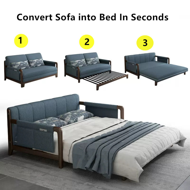 Pull Out Sleeper Sofa Bed with Armrest Storage Pockets Cotton Linen Walnut Frame sleeper sofa bed