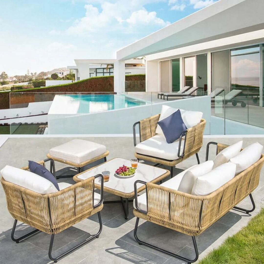 Lavika Outdoor 5pcs All-Weather Rope Sofa Set with Cushions (Beige & White)