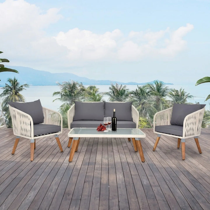 Vada Outdoor Rope 4-Piece Sofa Set (White & Grey)