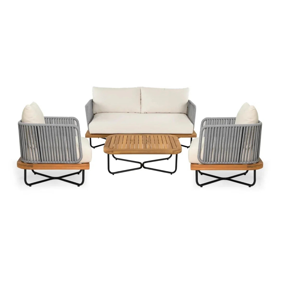 Vibhuti Outdoor 4-Piece Rope Woven Conversation Sofa Set with Wooden Top Table