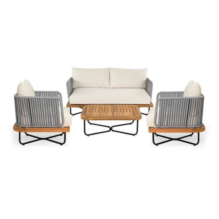 Vibhuti Outdoor 4-Piece Rope Woven Conversation Sofa Set with Wooden Top Table