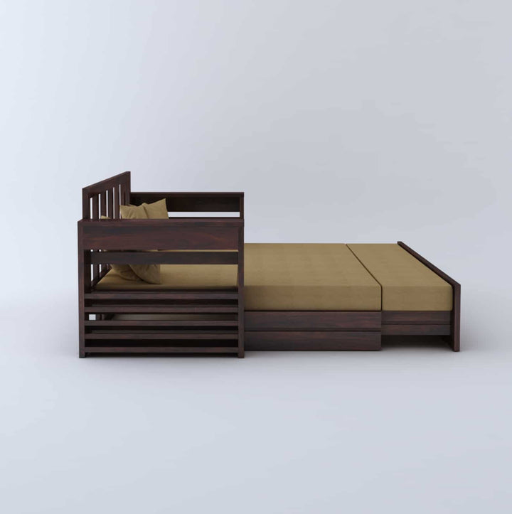 Catalina Solid Sheesham Wood 3 Seater Sofa Cum Bed Walnut with Side Pockets