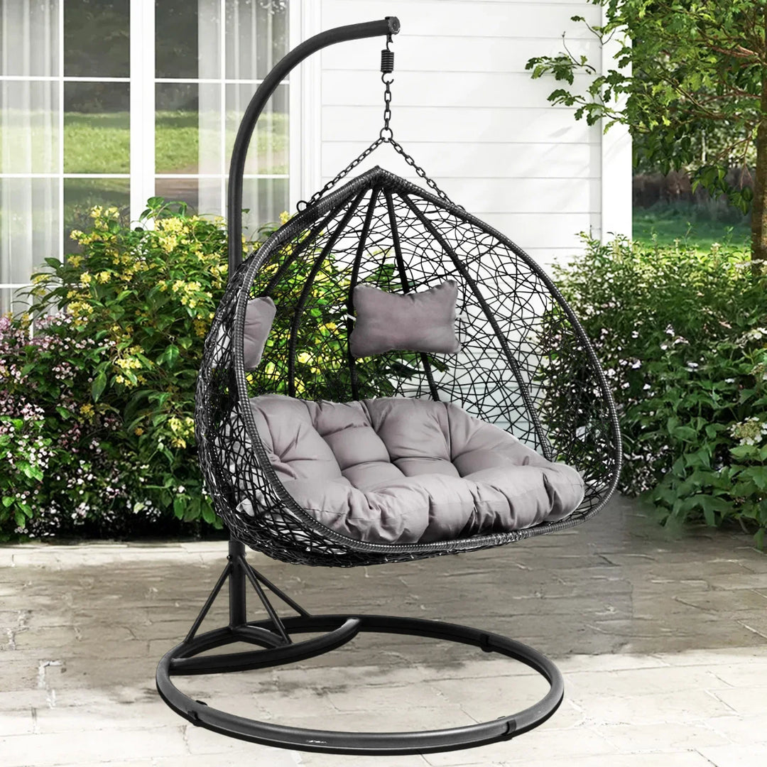 Hua Double Seater Rattan & Wicker Swing (Black & Grey)