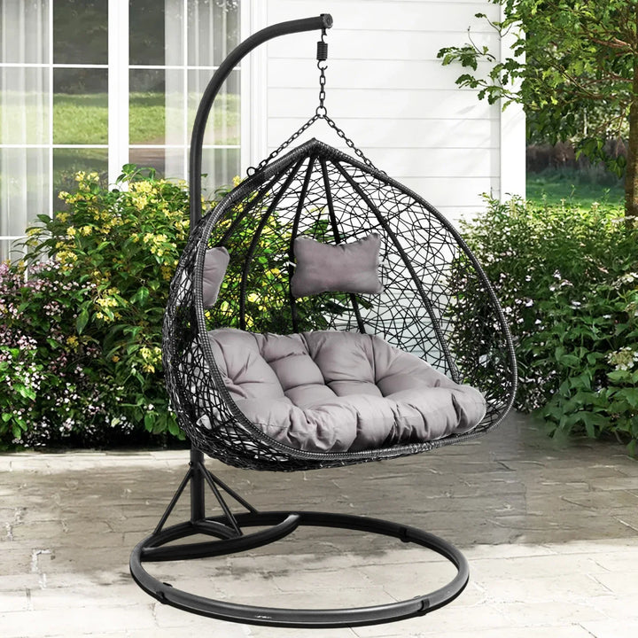 Hua Double Seater Rattan & Wicker Swing (Black & Grey)
