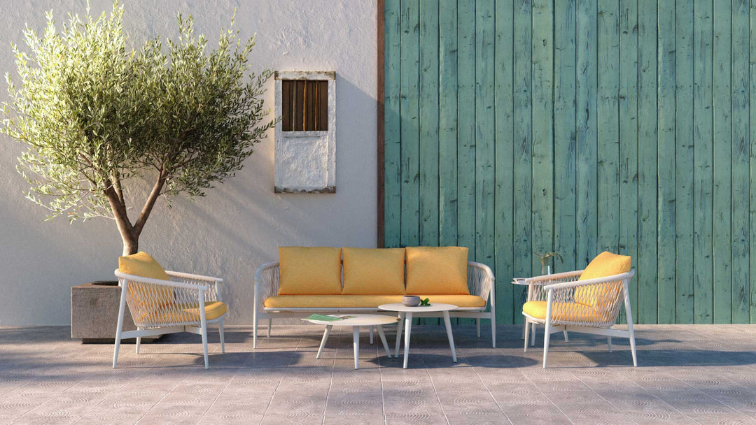 Amvi Outdoor Sofa Set 3 Seater , 2 Single seater and 2 Center Table Set (White + Yellow) Braided & Rope