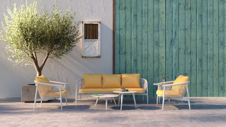 Amvi Outdoor Sofa Set 3 Seater , 2 Single seater and 2 Center Table Set (White + Yellow) Braided & Rope